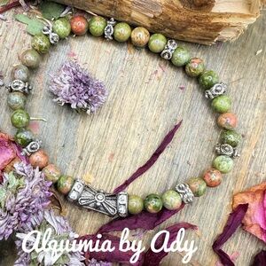 Dainty silver beaded unakite bracelet